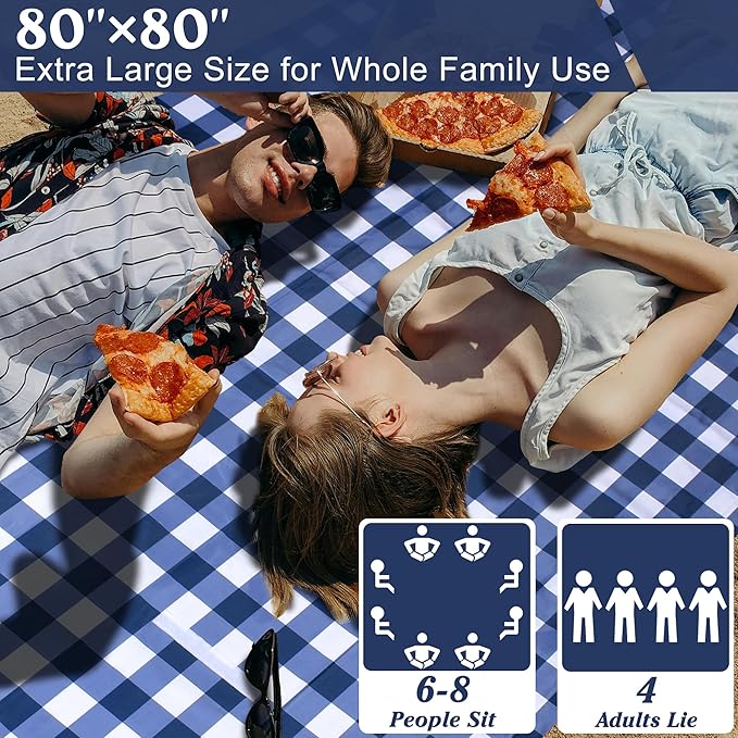80"x80" Extra Large Waterproof Outdoor Mat - Sandproof Foldable Picnic Blanket for Family Camping, Backyard, Beach Parties - Heavy Duty & Easy Storage (Blue&White)