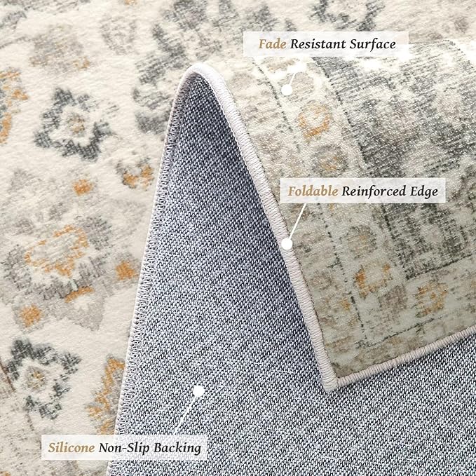 Washable 9x12 Area Rugs for Living Room, Boho Non-Slip Silicone Backing Rugs for Bedroom Dining Room Nursery Office, 0.3" Neutral Oriental Throw Carpet with 0.16" Cushioning Pad, Grey/Multi