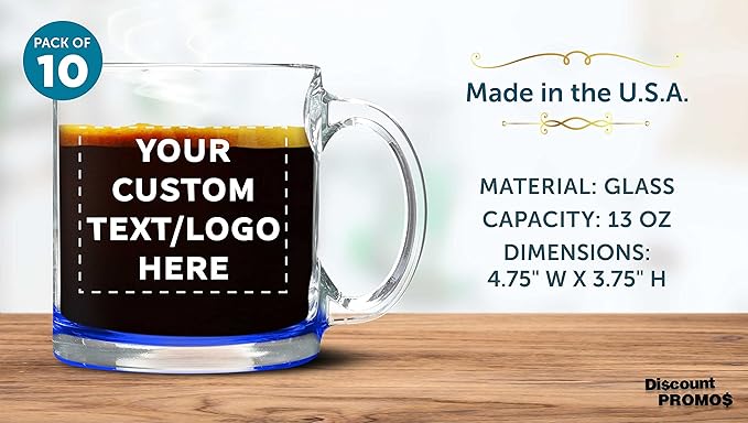 Custom Libbey Clear Glass Coffee Mugs 13 oz. Set of 10, Personalized Bulk Pack - Perfect for Coffee, Tea, Espresso, Hot Cocoa, Other Beverages - Blue Bottom