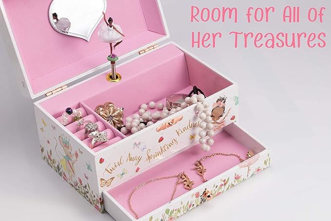 The Memory Building Company Ballerina Musical Jewelry Box, Classic Melody, Storage Organizer Kids Ages 6-12, Wood Construction w/ 2 Compartments