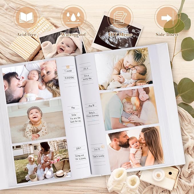 Lanpn Baby Photo Album 4x6 300 Pockets, Linen Newborn Bebe Ultrasound Photo Album with Memo Writing Area, Cover Photo Book, Picture Album for kids, Baby Boy Memory Book Keepsake Blue