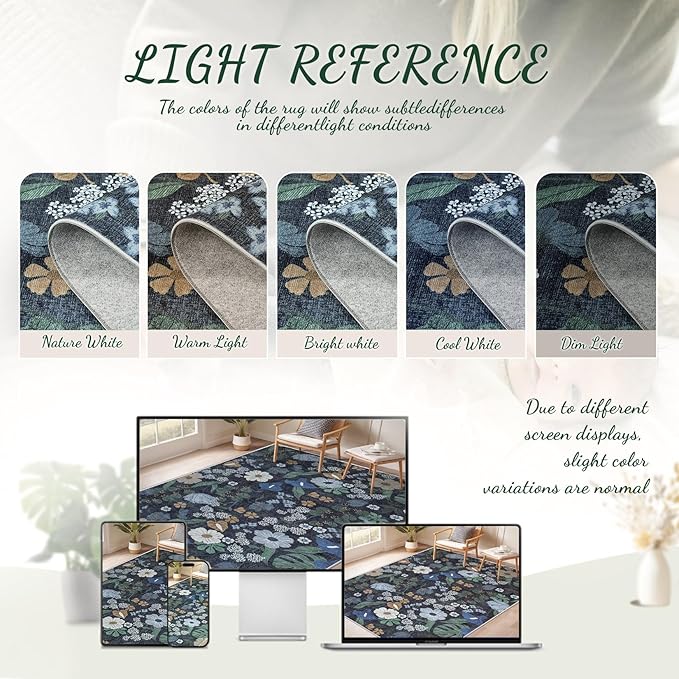 9x12 Area Rug for Living Room: Vintage Floral Washable Rug Soft Boho Non Slip Carpet Large Indoor Floor Non Shedding Low Pile Thin Carpets for Bedroom Dining Room Farmhouse Nursery Home Office Blue