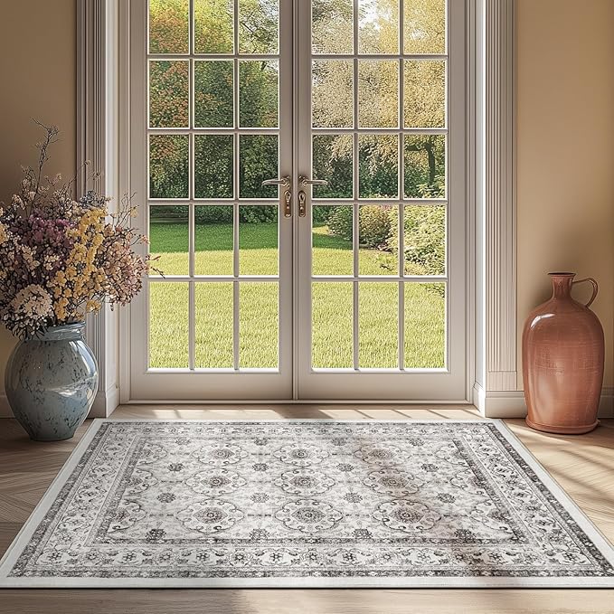 jinchan Floral 3x5 Area Rugs for Entryway - Beige Vintage Distressed Design Doormat Non-Slip Ultra-Thin Low Pile Boho Rug for Kitchen Living Room Bedroom Farmhouse (3‘x5',Beige)