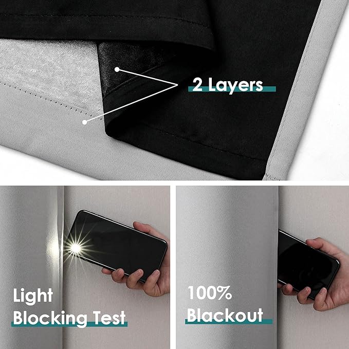 ChrisDowa 100% Blackout Curtains for Bedroom with Black Liner, 2 Thick Layers Total Blackout Thermal Insulated Grommet Small Window Curtains 45 Inch Length 2 Panels Set (Light Grey, 52 x 45 Inch)