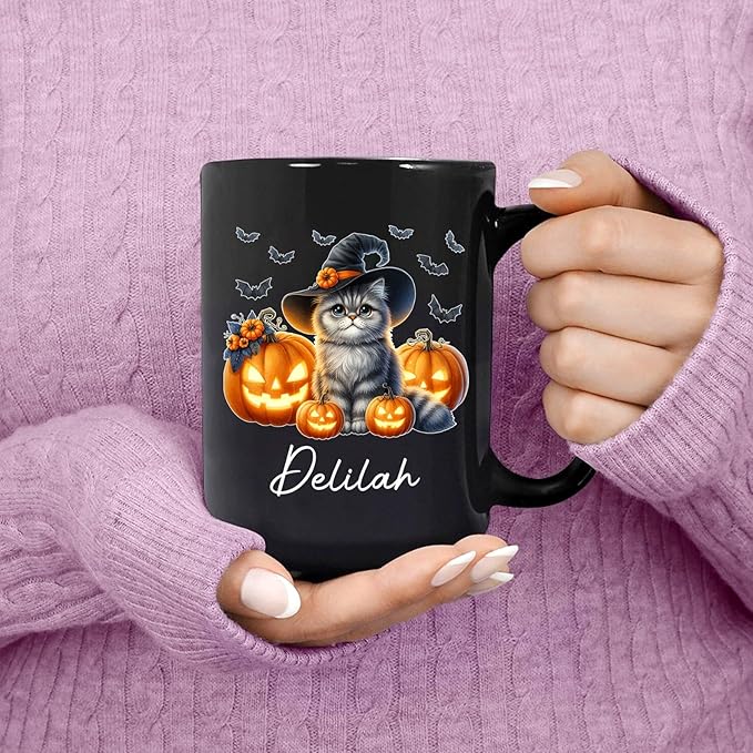 Customized Halloween British Longhair Mug with Name, Personalized British Longhair with Pumpkins Coffee Cup, Witch Cat Ceramic Mug, Pet Halloween Black Cup 11oz 15oz, Gift for Cat Dad Mom