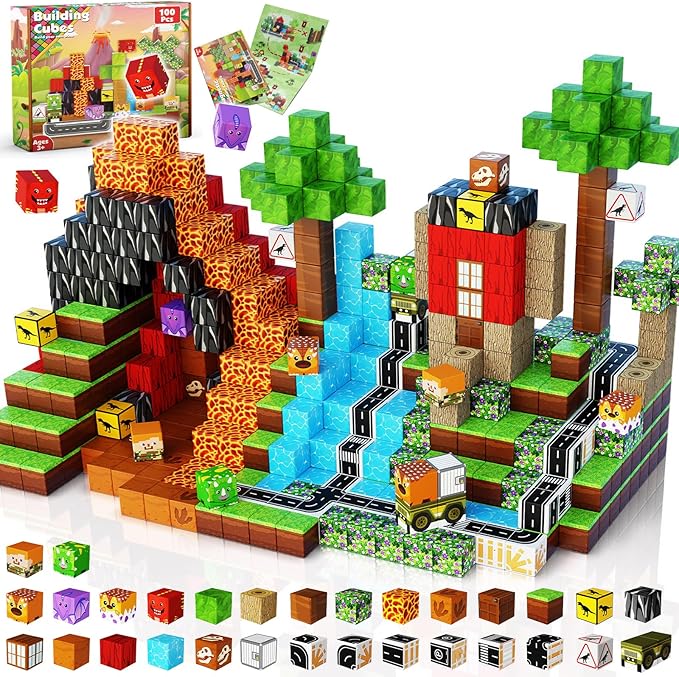 Goody King Dinosaur Volcano Magnetic Block World |100PCS Dinosaur Magnetic Block Cubes,STEM Montessori Sensory Toys for Toddlers Kids Boys Girls Ages 3-5 6-8 Christmas Birthday Gifts