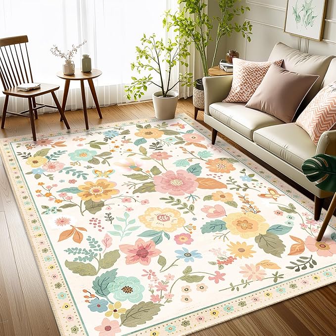 Floral 4x6 Area Rug Machine Washable Soft Print Boho Carpet Non Slip Doormat Low Pile Flower Area Rugs for Living Room Bedroom Nursery Kitchen Dining Room Indoor-Beige/White/Orange
