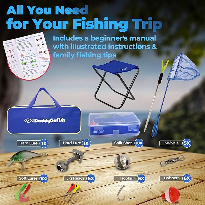 DaddyGoFish Kids Fishing Pole - Rod Reel Combo Tackle Box Starter Set - First Year Small Gear Kit for Boys Girls Toddler Youth Age Beginner Little Children