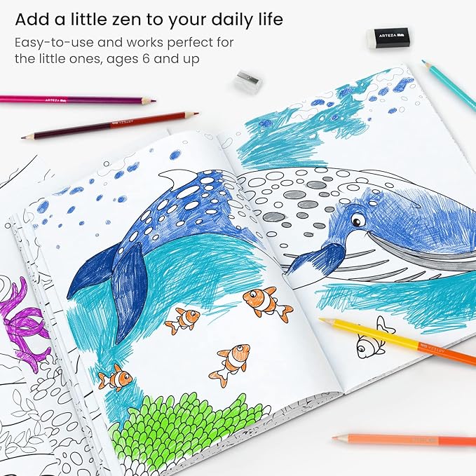 ARTEZA Kids Coloring Book and Colored Pencils Kit, 8.5x11 Inches, Sea Creature Illustrations, 50 Double-Sided Coloring Sheets, 100-lb Paper