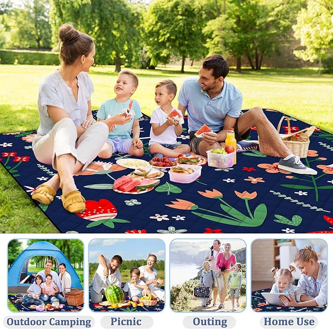 Extra Large Picnic Blanket Waterproof,80"x 80"Foldable Machine Washable Beach Blanket,Outdoor Blanket for 6-8 Adults,Suitable for Indoor Crawling,Park Beach,Camping,Hiking,Family Travel(Light Blue)