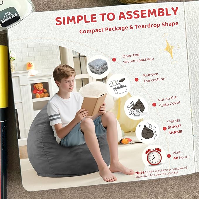 2FT Bean Bag Chair, Comfy Bean Bag Chairs with Memory Foam Filled, Fluffy Beanbag Sofa with Dutch Velvet Cover, Teardrop BeanBag Chairs for Living Room, Playroom - Grey