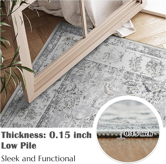 jinchan 8x10 Area Rugs for Living Room - Machine Washable Vintage Floral Distressed Design Stain Resistant Boho Carpet Low Pile Non-Slip Rug for Bedroom Dining Room Home Office (8‘x10',Grey)