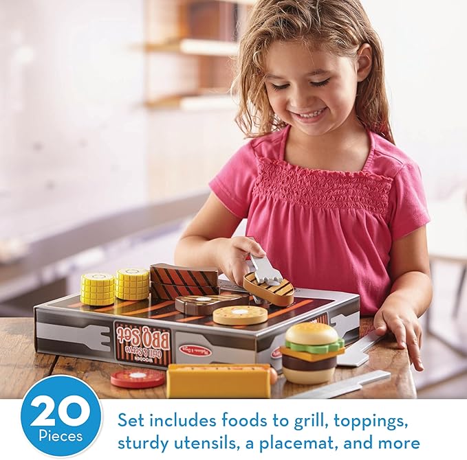 Melissa & Doug Grill and Serve BBQ Set (20 pcs) - Wooden Play Food and Accessories