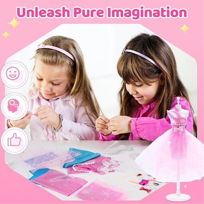 AHCo. Fashion Designer Kit with 5 Mannequins & 2 Extra Poseable Dolls, Sewing & Arts Crafts Kit for Girls Ages 5 6 7 8-12, Creative Birthday Gift for Kids
