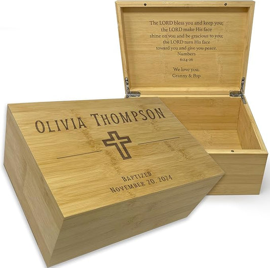 Baptism Memory Box Bamboo Wood - Personalized Baptism Gifts for Boys, First Communion Storage Box for Girls, Personalized Christening Gifts for Boys, Engraved Confirmation Keepsake Boxes, 11x8x4,75 in
