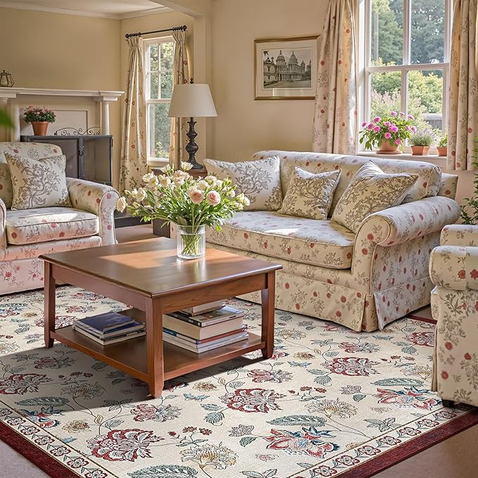 jinchan 8x10 Floral Rug for Living Room Washable Bedroom Rug Vintage Romance Design Non Slip Thin Indoor Floor Cover Large Low-Profile Throw Carpet for Dining Room Office, Red/Beige