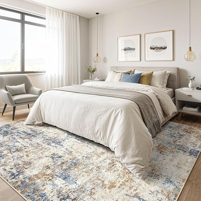 6x9 Area Rugs Washable Rug: Large Abstract Modern Soft Stain Resistant Indoor Floor Non Slip Accent Carpet for Living Room Bedroom Nursery Playroom Dining Room Office Dorm Home House Decor- Tan