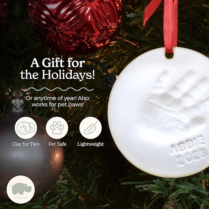 Little Hippo Baby Ornament Keepsake Kit (Newborn Bundle) - 2 Easels, 4 Ribbons & Letters! Handprint and Footprint Clay Casting Kit for Baby Shower Gifts, Boys & Girls