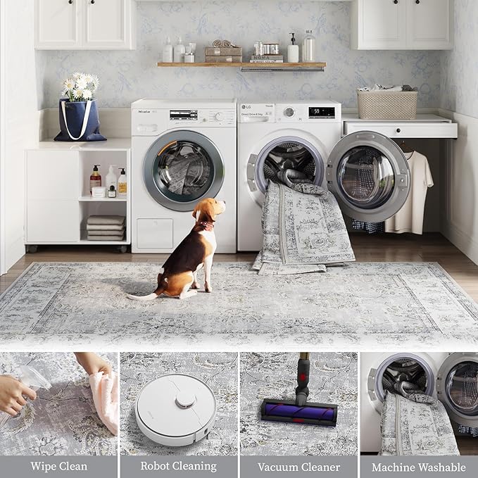 jinchan Floral 2x3 Rugs for Entryway - Vintage Washable Small Non-Slip Distressed Indoor Doormat Ultra-Thin Low-Pile Accent Rug for Entrance Kitchen Bedroom Bathroom (2x3ft,Grey)