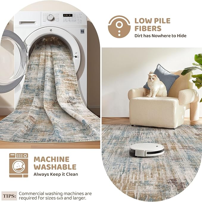 Area Rug for Living Room: 10x12 Washable Neutral Abstract Modern Soft Rugs Non Slip Indoor Floor Stain Resistant Large Carpet for Bedroom Dining Room Office Nursery - Blue Brown