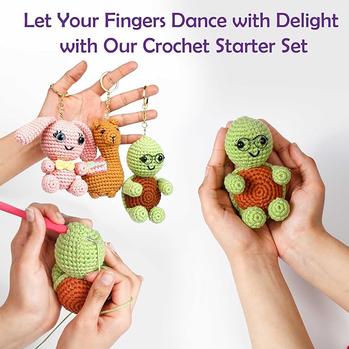 A-URA Learn to Crochet Kit for Beginners Kids and Adults, Premium 3 Animal Pattern Large Size Beginner Crochet Kits with Easy Tube Yarn & Step-by-Step Video Tutorials (Safari Friends–Larger Plushies)