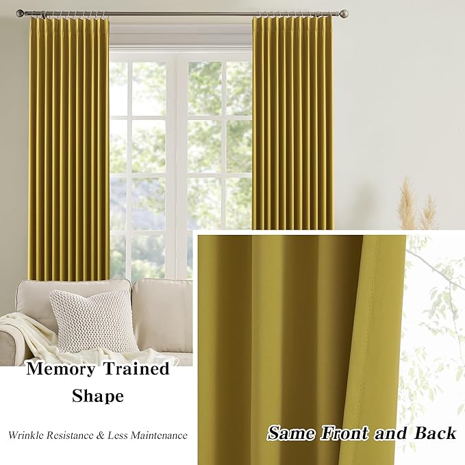 KEQIAOSUOCAI Yellow Pinch Pleated Curtains 92 Inch Length 2 Panels Set Noise Cancelling Window Drapes for Nursery Bedroom Living Room 40x92