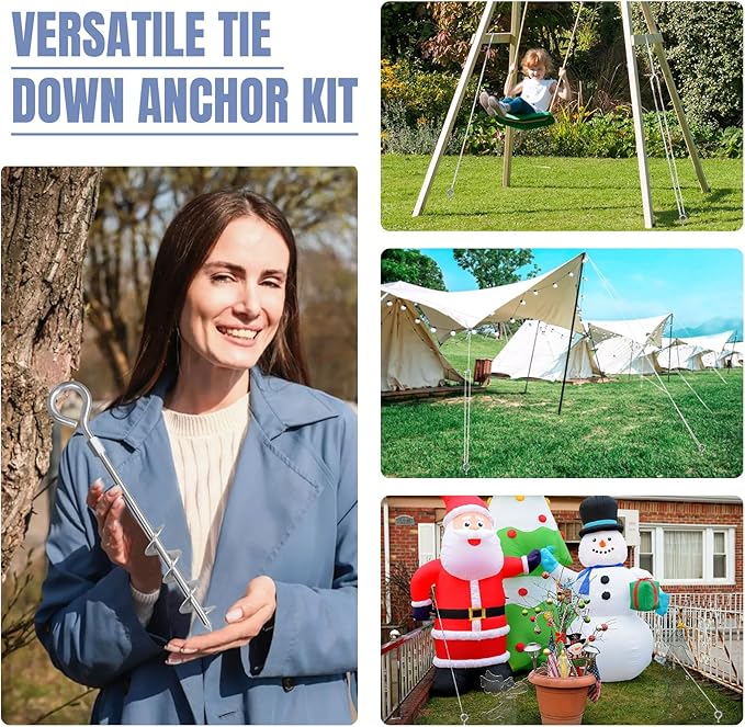 Eurmax USA Trampoline Stakes Screw in Tent Stakes Parts Heavy Duty for Canopies,4-Pack Outdoor Anchor Kit with Straps(Silver)