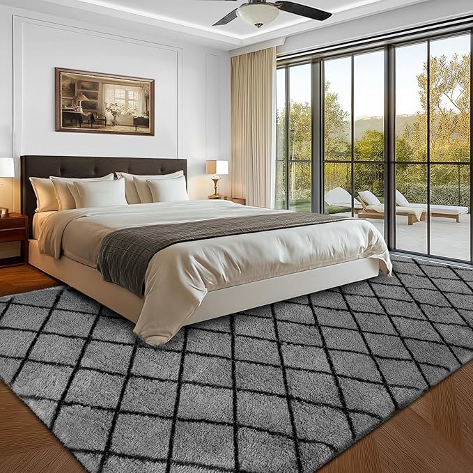 Fluffy Rug for Bedroom, 6X9Feet Stripe Checkered Rug Anti-Skid High Pile for Living Room Bedroom Kids Room Nursery, Dorm Home Decor