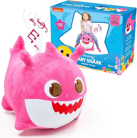 JITTERYGIT Baby Shark Bouncy Hopper - Musical Plush Toy for Kids and Toddlers - Mommy Shark (Pink)