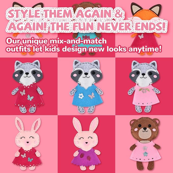 Cymbana Kid Sewing Craft Kit to Make a Friend for Beginner Felt Craft Learn to Sew, Panda Fox Bunny Raccoon Bear 5 Animals