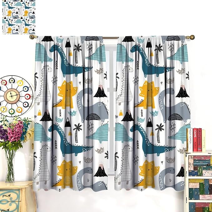 Kids Dinosaur Curtains for Boys Girls Bedroom Decor Cartoon Dino Colorful Cute Funny Wildlife Animal Printed Blackout Rod Pocket Window Drapes for Baby Nursery Playroom Living Room W36xL63in 2 Panels