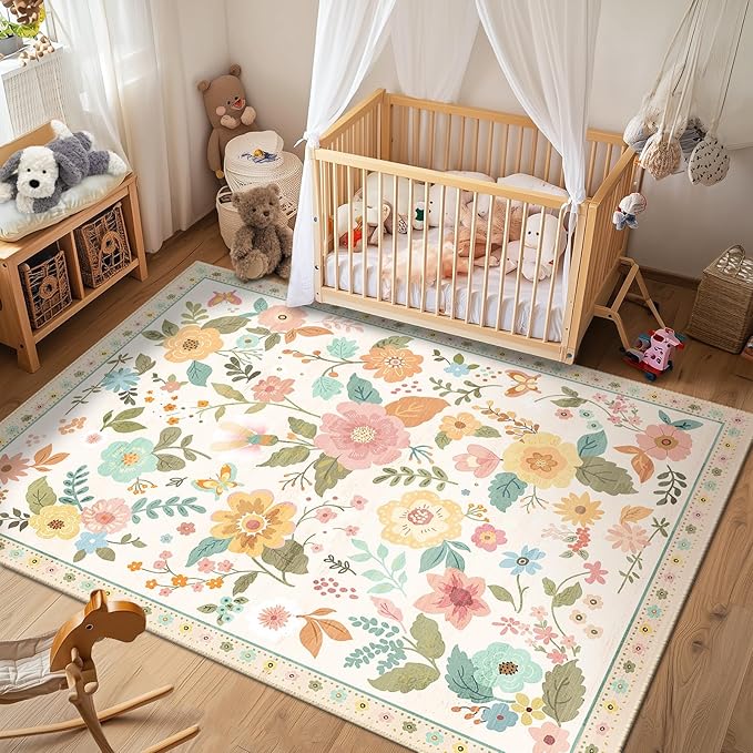 Floral 5x7 Area Rug Machine Washable Soft Print Boho Carpet Non Slip Doormat Low Pile Flower Area Rugs for Living Room Bedroom Nursery Kitchen Dining Room Indoor-Beige/White/Orange