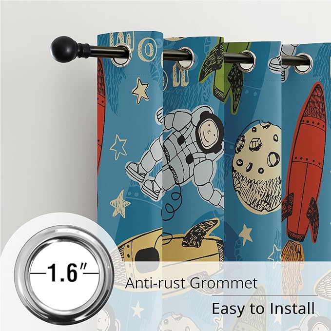 Kids Astronaut and Rocket Blackout Curtains - 100% Blackout, Thermal Insulated, Noise Reducing, Bring The Cosmos Closer to Your Kid’s Room, 2 Panels (Moonbound Adventure, W52×L63)