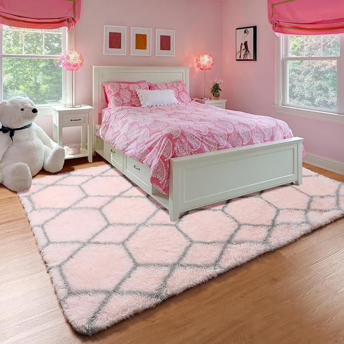 ONASAR Rugs for Living Room Bedroom, 5x8 Washable Fluffy Pink and Grey Area Rug, Geometric Boho Soft Plush Shaggy Fuzzy Floor Carpet for Nursery Kids Girls Boys Teen Dorm Home Decor Aesthetic