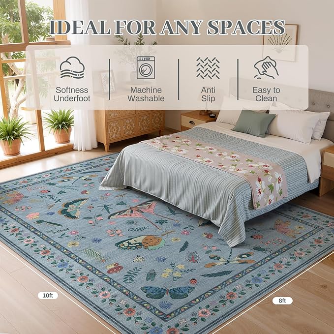 8x10 Area Rugs with Insect Print - Bug Rug Non-Shedding Stain Resistant Soft Carpet for Bedroom, Low Pile Ultra-Thin Machine Washable Carpet for Dining Room, Kids Nursery, Office (8'x10' Blue)