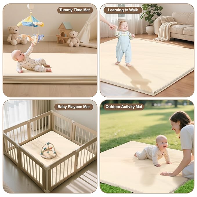 Baby Play Mat 47x47 Inches, Extra Thick 1.2" Foam Floor Mat for Tummy Time & Crawling, Waterproof Non-Slip Faux Leather Playpen Mat for Infants Toddlers, Indoor Outdoor Gym Activity, Beige