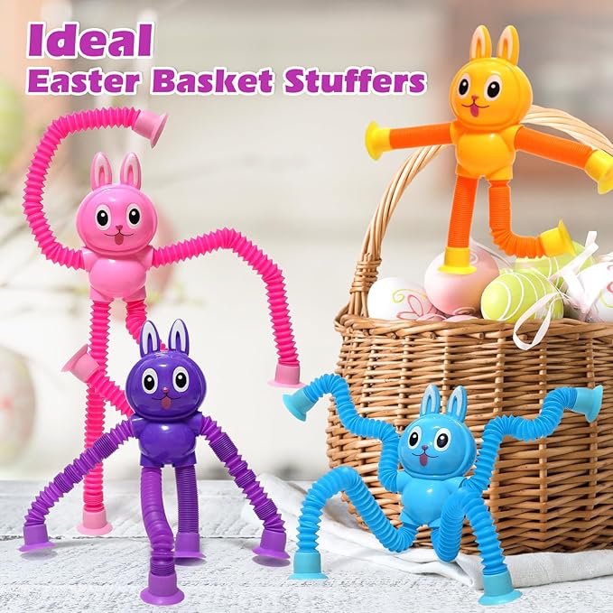 Easter Bunny LED Pop Tubes Light Up 4 Pcs Sensory Fidget Toys, Telescopic Suction Cup Easter Basket Stuffers Easter Egg Fillers Toys Party Favors Game Prizes Goody Bags Treats Gifts for Kids 3+