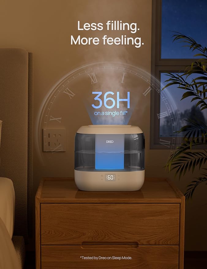 Dreo Smart Humidifiers for Bedroom, Top Fill 4L Cool Mist Humidifier with Nightlight, 36H Runtime, Touch/APP/Voice Control, Quiet Ultrasonic Humidifiers for Large Room, Home, Baby, Plants, Office