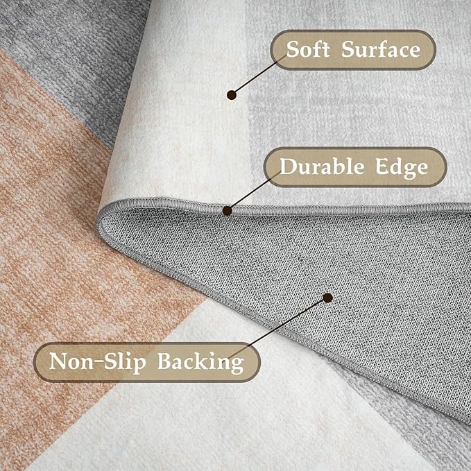 HOMFINE Washable Modern Area Rug - Geometric Style 8x10 Rugs for Living Room, Bedroom, Machine Washable Rug Soft Non Slip Non Shedding Area Rug - Grey Brown, 8'x10'