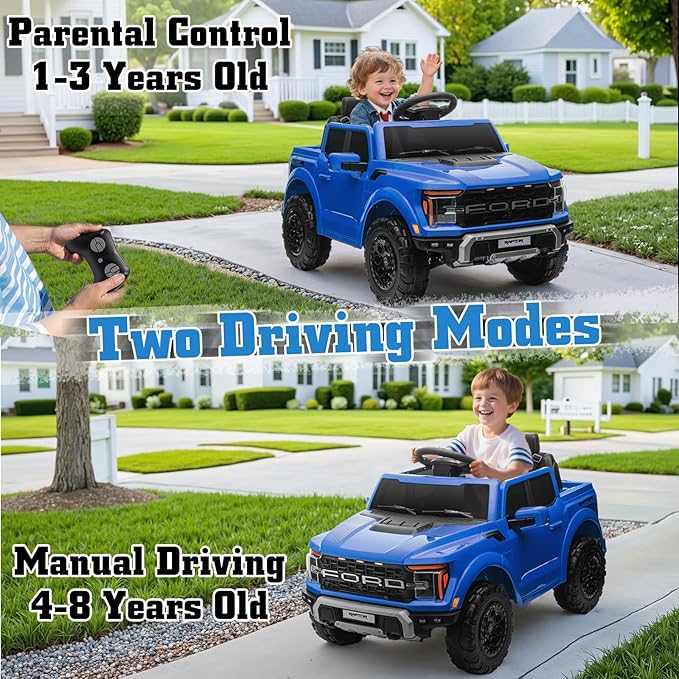 12V Ride on Car Licensed Ford F-150 Raptor, Kids Electric Car with Remote Control, LED Light/Music/MP3, Truck Bed Storage, 3-Point Seat Belt (12V, Blue)