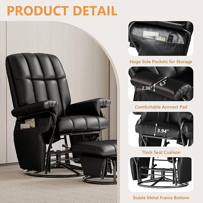 JIASTING 360° Swivel Recliner Chair with Ottoman & Double Side Pockets, Nursing Glider Rocking Recliner Chair, Gliding Chair for Nursery, Living Room, Office, Bedroom, Metal Frame (Black 1)