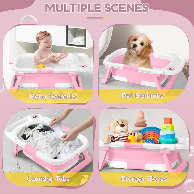 Collapsible Baby Bathtub,Baby Bath Tub with Thermometer & Soft Cushion,Baby Bathtub for Newborn to Toddler 0-36 Months,Portable Travel Baby Tub with No-Slip Feet,Baby Shower Gifts,Pink