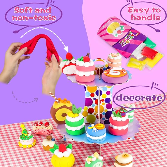 ifergoo Air Dry Clay Kit for Kids - Cakes Modeling Clay, Includes 6 Dessert Designs and Display Stand, DIY Art & Crafts School Projects, Home Party Kids Toys, Holidays Gifts for Age 3-12 Girls & Boys