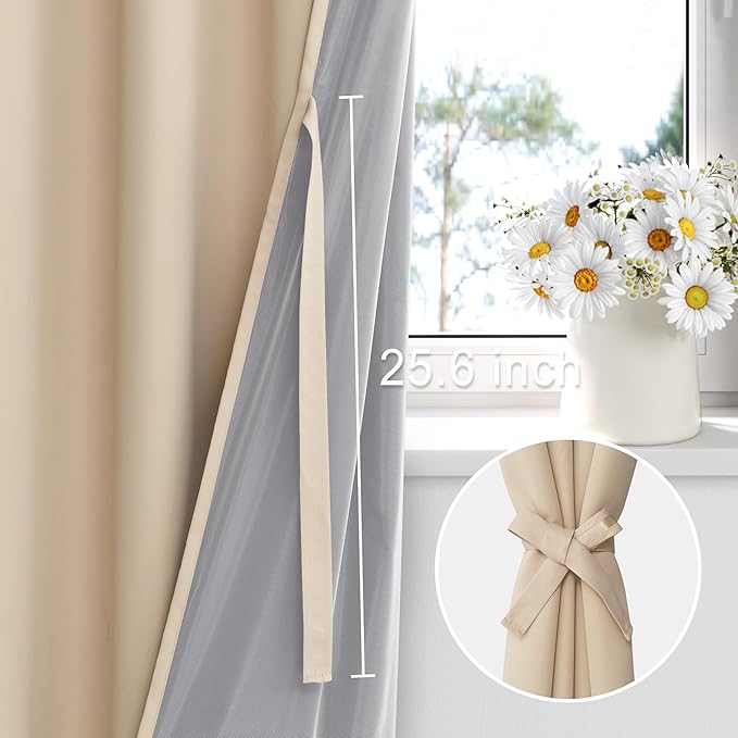 XWZO 100% Blackout Curtains 63 Inches Long Rod Pocket Thermal Insulated & Room Darkening Black Liner Window Treatment with Tiebacks for Bedroom/Living Room, Biscotti Beige, W42 x L63, Set of 2