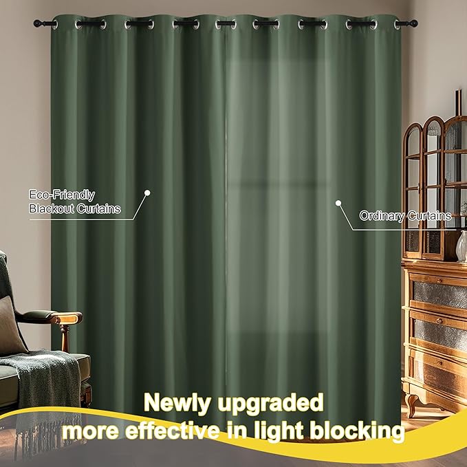 NICETOWN Greyish Green Blackout Curtains for Living Room Bedroom, 100% Blackout Thermal Insulated Room Darkening Window Drapes for Nursery, 1 Pair, 52" W x 63" L