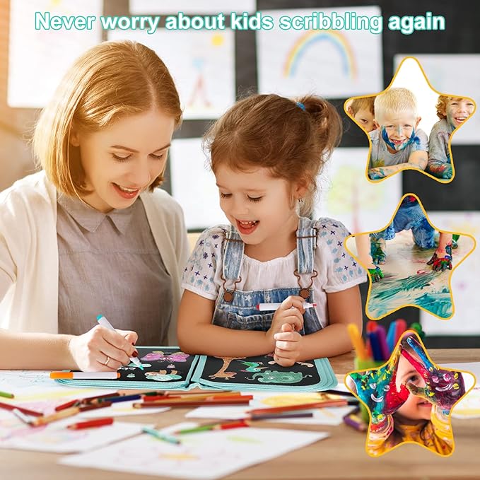 Erasable Doodle Set for Kids - Reusable Magic Drawing Book with 12 Watercolor Pens 14 Page Drawing, Road Trip Car Game Writing Painting Set for Boys and Girls