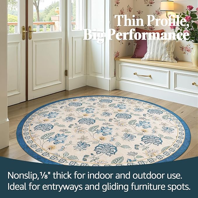 jinchan 5ft Floral Round Rug for Entryway Washable Kitchen Rug Vintage Romance Design Non Slip Indoor Doormat Lightweight Low-Profile Throw Carpet for Living Room Dining Room Bedroom, Blue/Beige