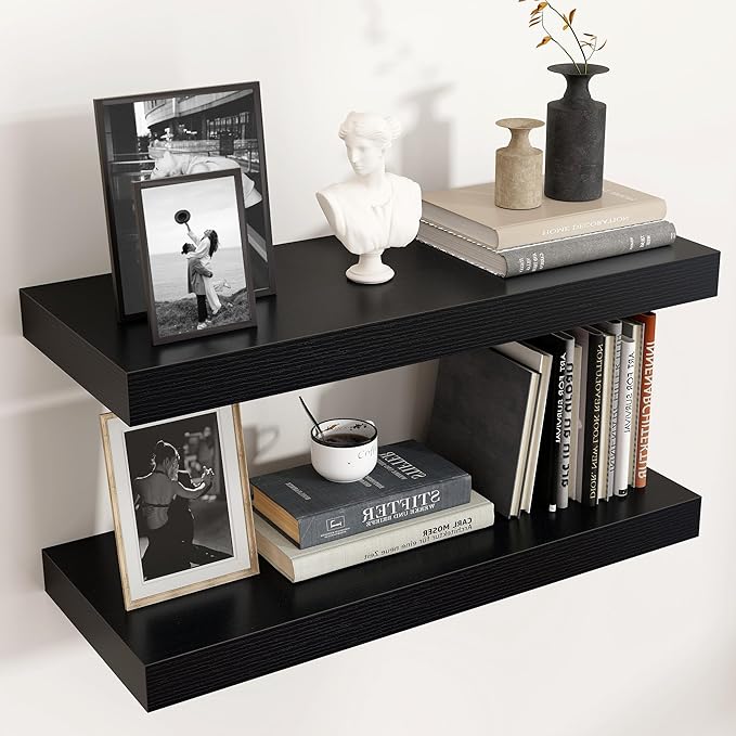 Floating Shelves - 2 Large Wall Mounted Shelves with Invisible Brackets, Long Wood Floating Wall Shelf for Living Room, Bedroom, Kitchen (Black, 24" W x 9" D x 1.5" H)