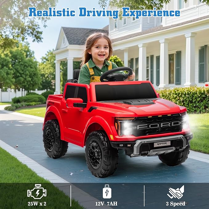 12V Ride on Car Licensed Ford F-150 Raptor, Kids Electric Car with Remote Control, LED Light/Music/MP3, Truck Bed Storage, 3-Point Seat Belt (12V, Red)