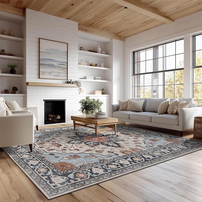 Washable Rugs 5x7 Area Rugs for Living Room, Thin Carpet for Bedroom, Soft Faux Wool Retro Dining Room Rug，Non Slip&Non-Shedding Resistant Low Pile Vintage Print Rug for Home Office (Blue/Gray)